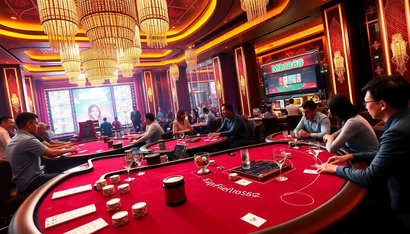 Exciting casino atmosphere at MM888 with high-stakes poker tables and glamorous decor.