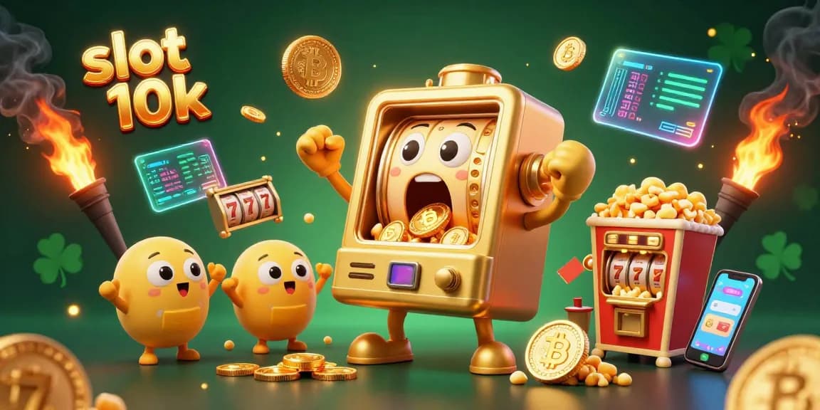 Spin for wins at slot 10k, featuring a jackpot-winning slot machine amid a celebration with coins and crypto.