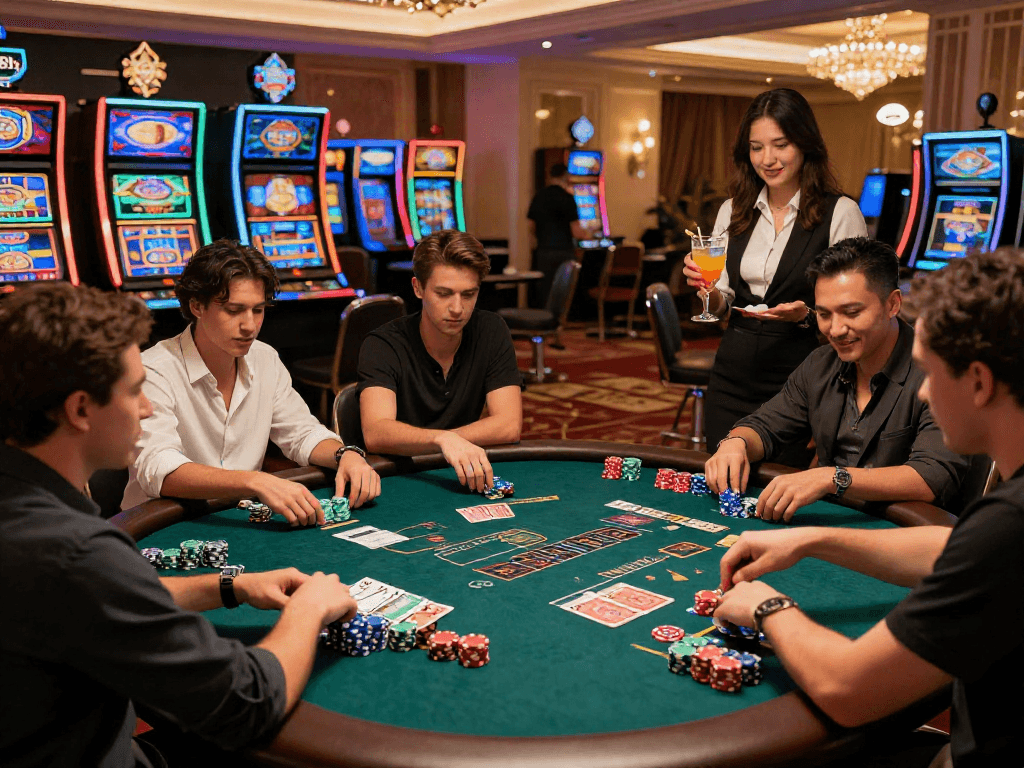 Suasana permainan LUXURY111 Daftar di kasino mewah dengan pemain bersemangat dan dekorasi glamor.