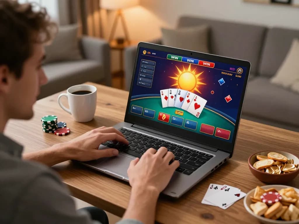 Engaging gameplay on sun win platform displayed on laptop with vibrant poker hands.