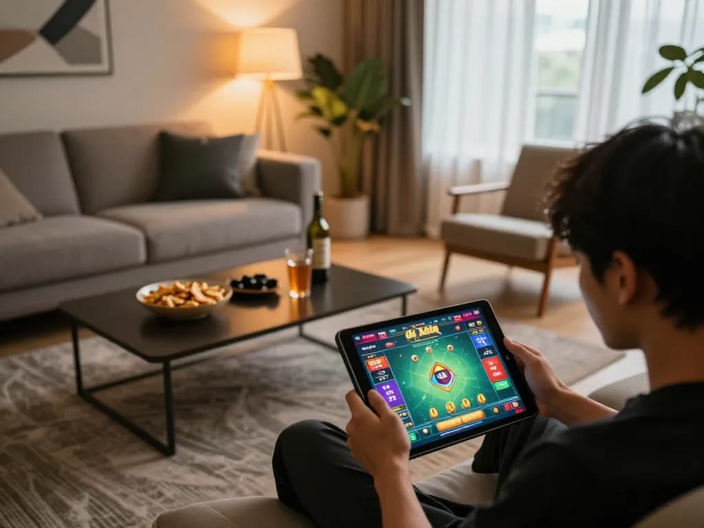 Engaging with a tài xỉu online game on a tablet in a stylish living room.