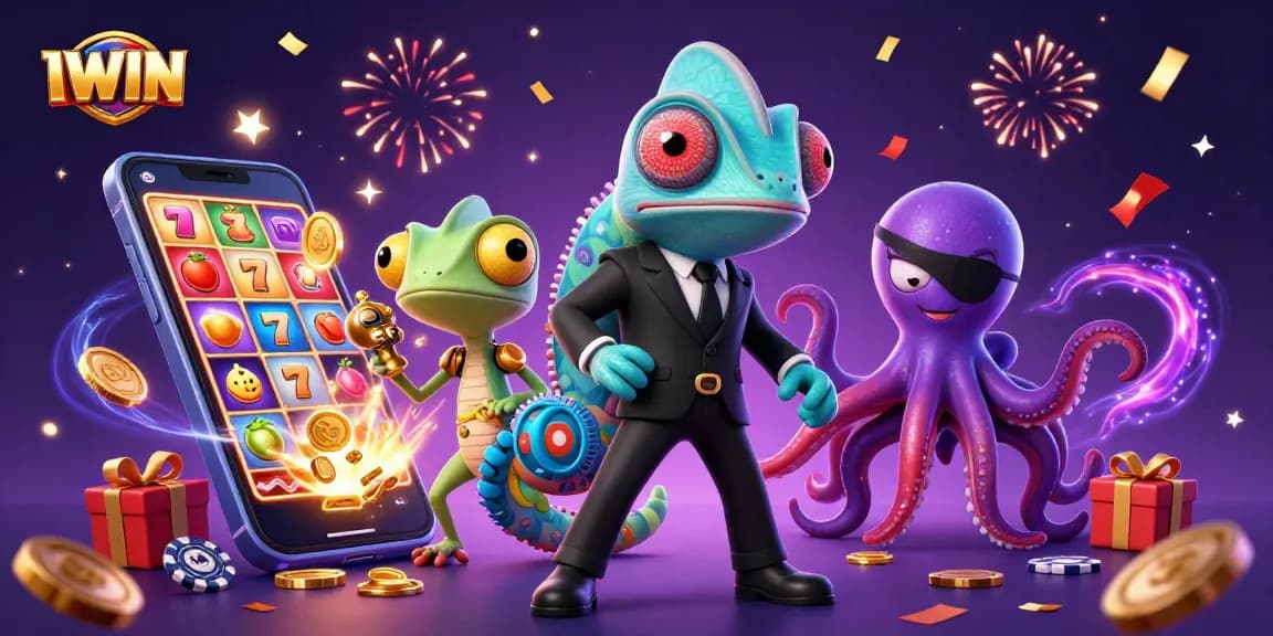 IWIN showcases a vibrant scene with a chameleon, gecko, and octopus playing colorful slot games amidst celebratory elements.