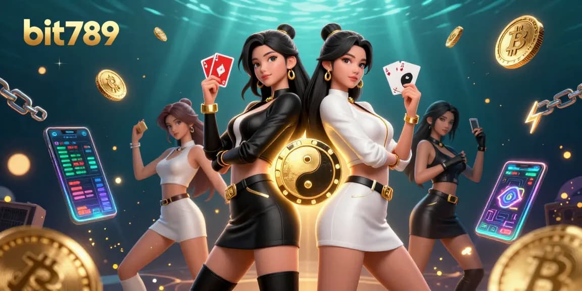 Experience thrilling gameplay with bit789, featuring twin Asian women holding playing cards amidst glowing cryptocurrency elements.