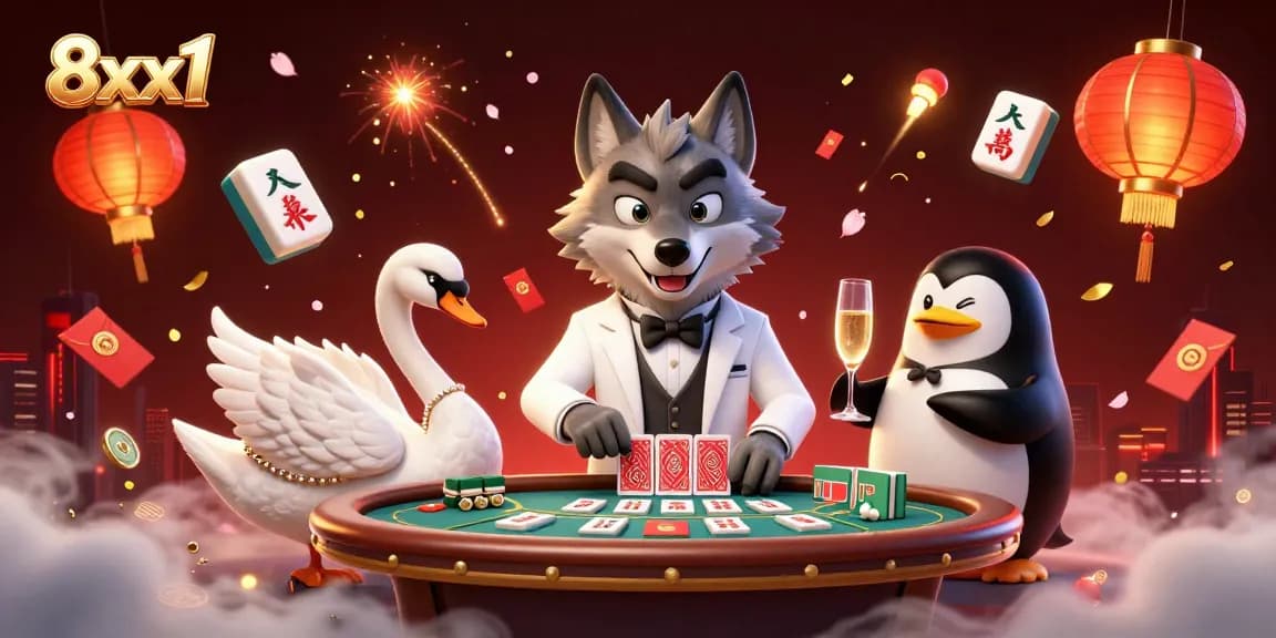 Experience thrilling gameplay at 8xx1 casino with cartoon characters at a baccarat table and festive elements.