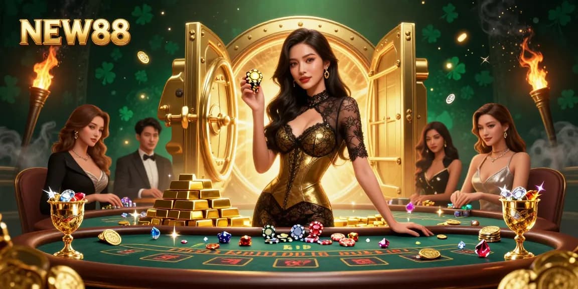 Witness the allure of NEW88 at a glamorous high-stakes baccarat table overflowing with gold and gems.