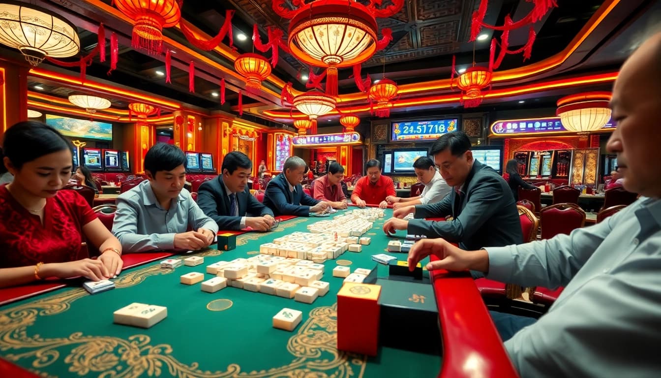 Mahongtoto menyuguhkan suasana kasino yang menggembirakan dengan meja mahjong yang aktif.