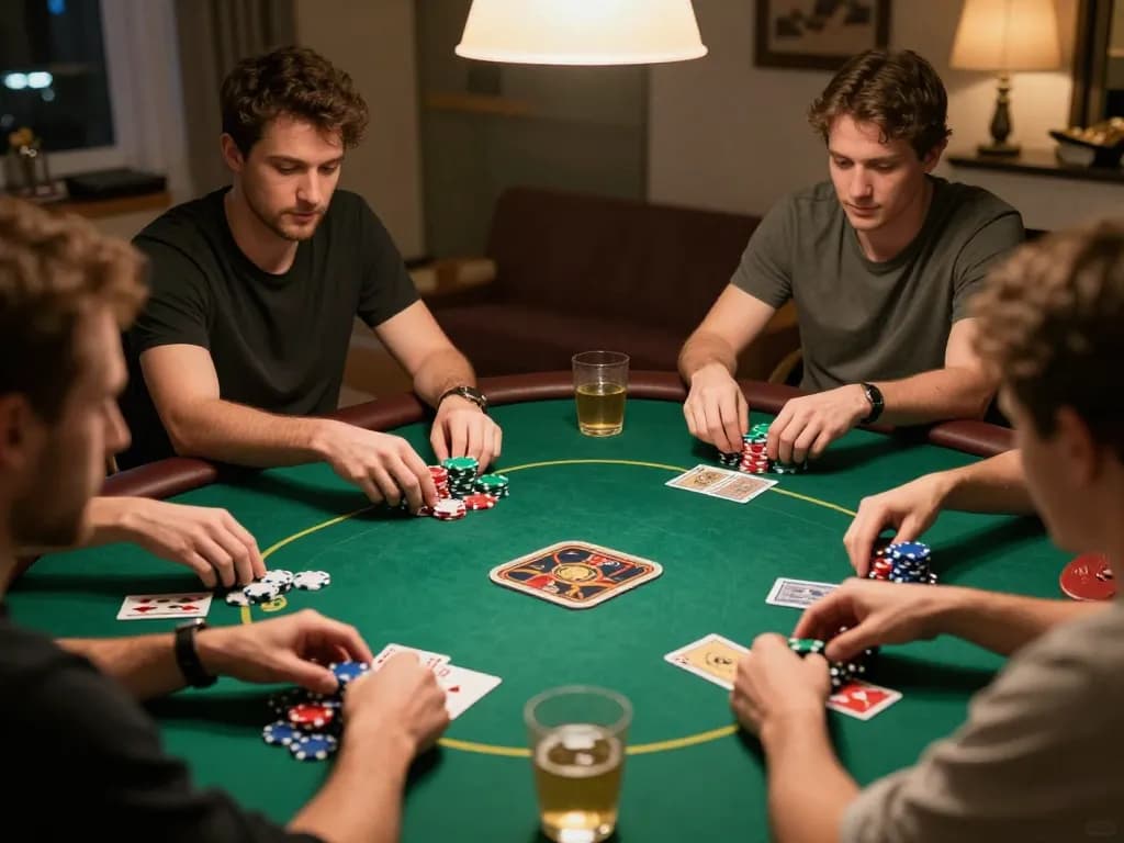 Experience the excitement of free credit mega888 gaming during a friendly home poker night with vibrant chips and focused players.