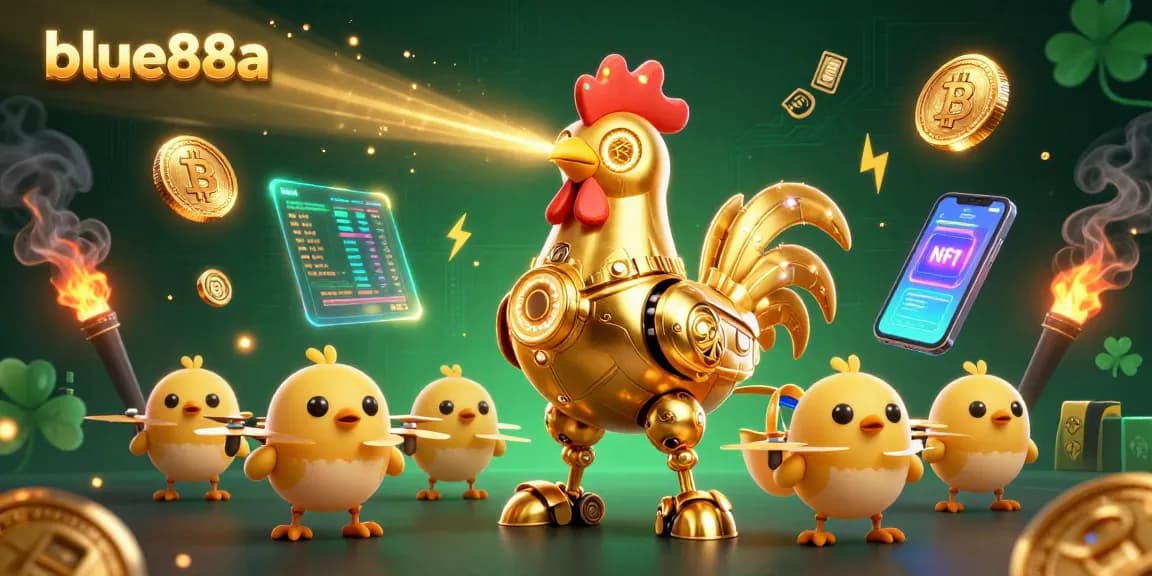 Engage in thrilling action at blue88a with 3D animated robot and cryptocurrency symbols in dynamic casino scene.