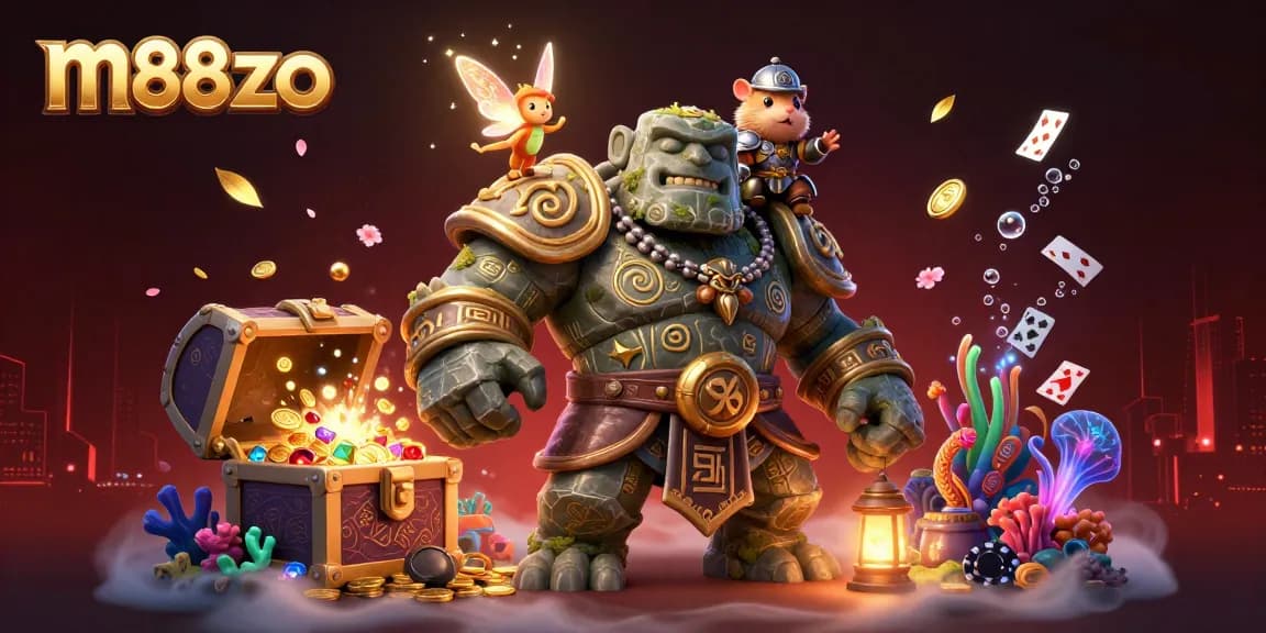 Experience the thrill of m88zo with a lively scene featuring a magical golem and knight in a dynamic casino landscape.