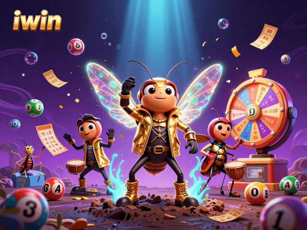 Experience the excitement of iwin with a vibrant casino-themed 3D illustration of rock stars and dynamic elements.