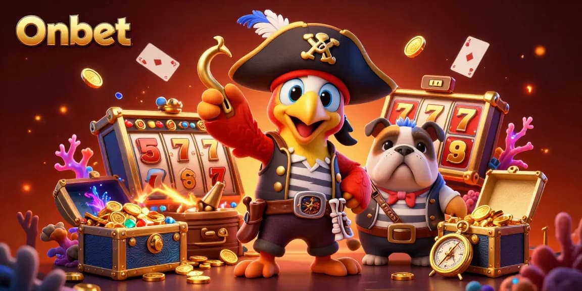 Engage with Onbet's thrilling casino world featuring vibrant 3D pirate-themed illustration.