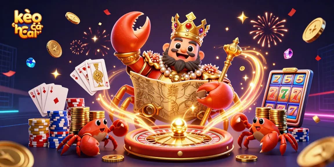 Join the excitement of kèo nhà cái as vibrant crab emperor celebrates with golden coins and poker elements.