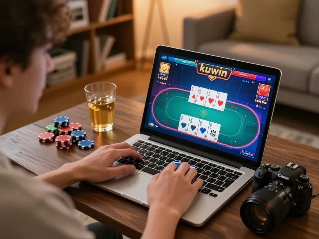 Kuwin player enjoying online poker session at home, showcasing engaging gameplay.