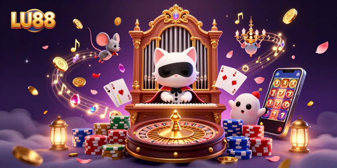 Experience the excitement of LU88 as a phantom cat plays organ amidst golden coins and vibrant casino elements.