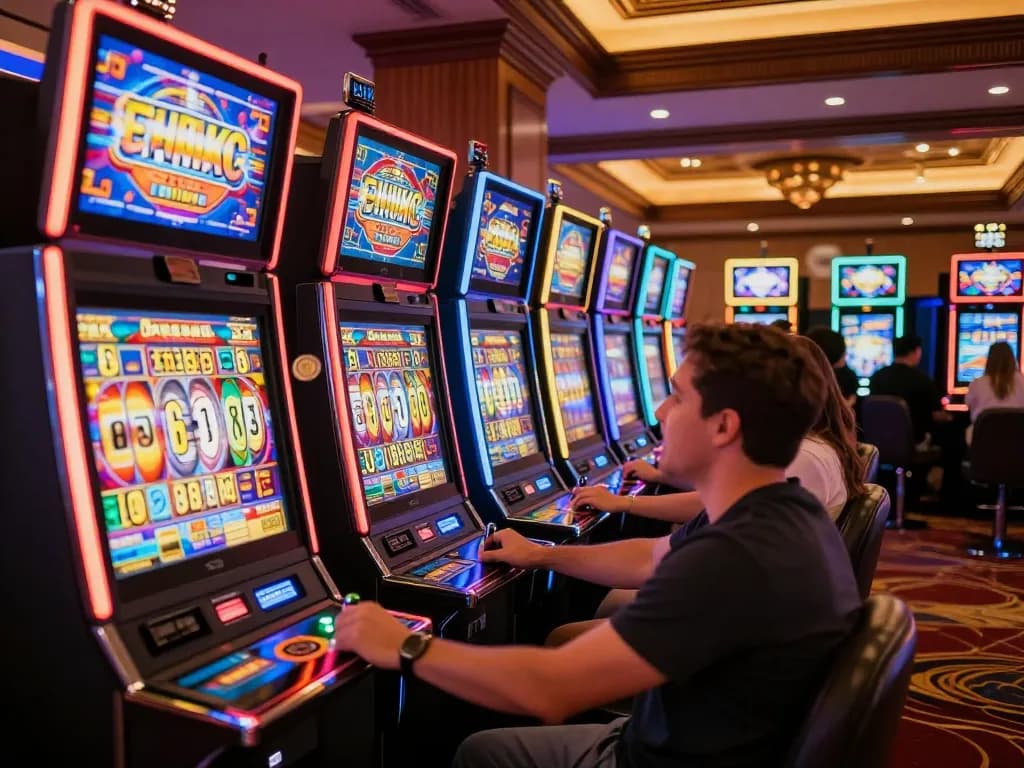 Players enjoying the lively slot machines in a casino, experiencing excitement and wins.
