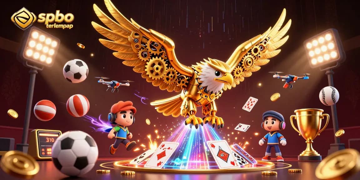 Immerse in spbo terlengkap as the cybernetic eagle soars through holographic cards amid dynamic sports elements.