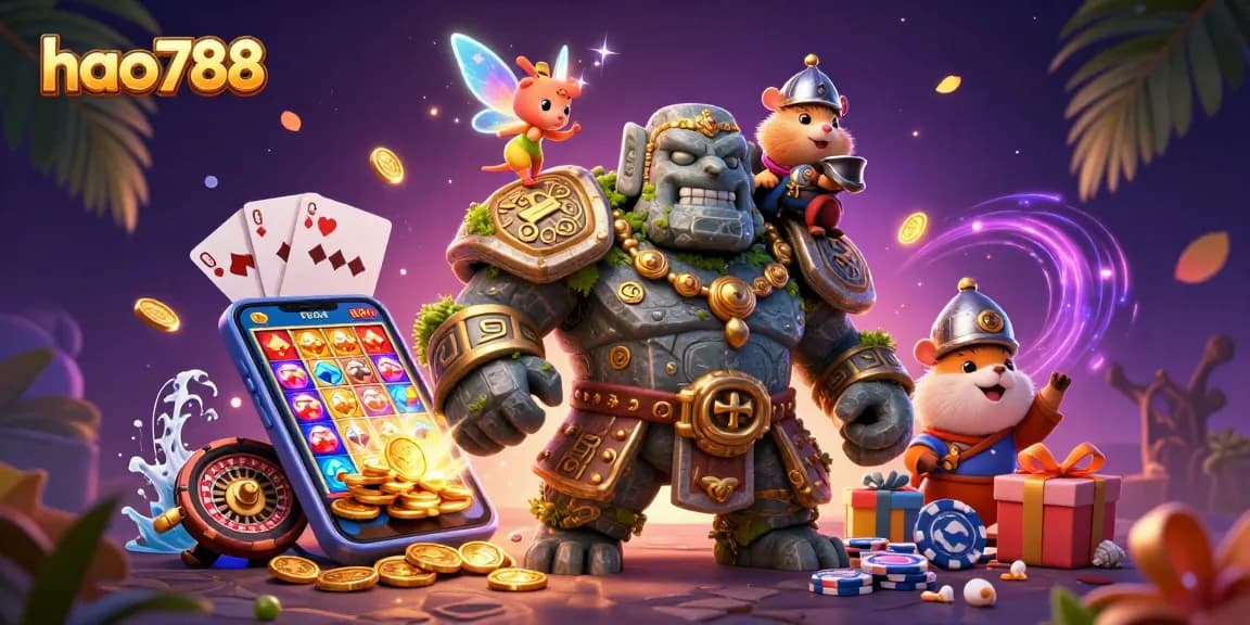 HAO788 memikat dengan golem kuno dan peri, memamerkan permainan slot serta simbol perjudian yang berkilauan.