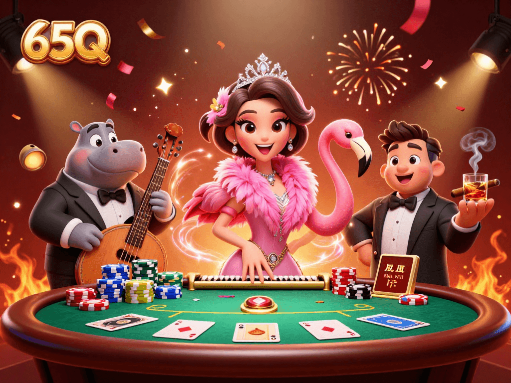 Viva a emoção em 65Q com uma ilustração de cassino vibrante repleta de personagens e jogos.