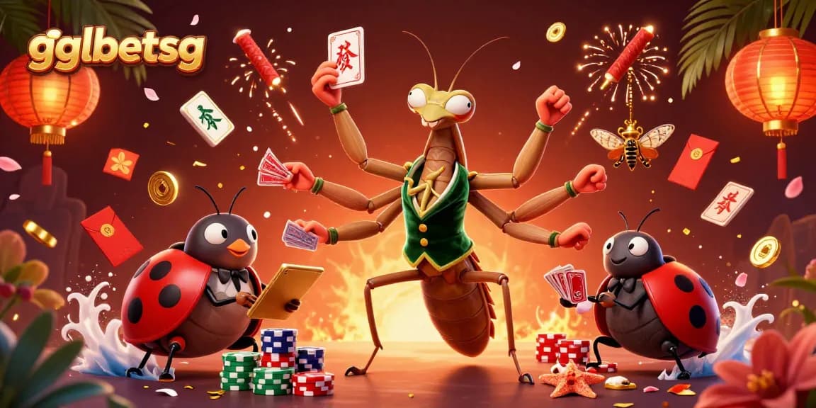 Betting with gglbetsg as a giant mantis deals cards amidst festive casino elements.