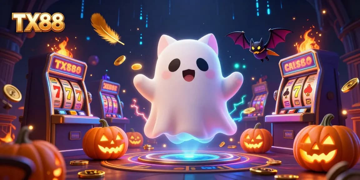 Engage with TX88's haunted casino realm, featuring a ghost cat and dynamic slot action.