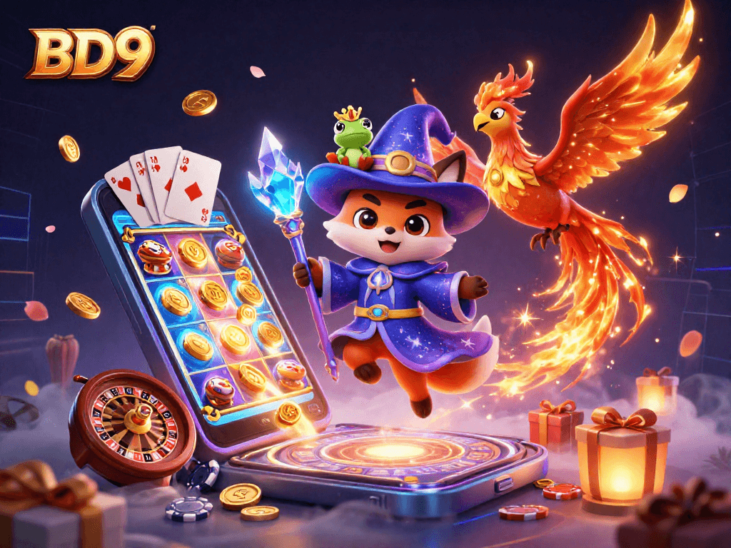 Experience thrilling gaming adventures at BD9 with vibrant characters and casino elements.