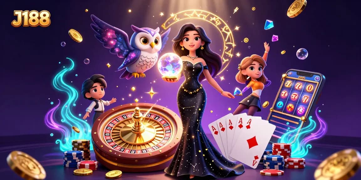 Experience thrilling gaming with J188, showcasing vibrant casino elements and a mystical atmosphere.