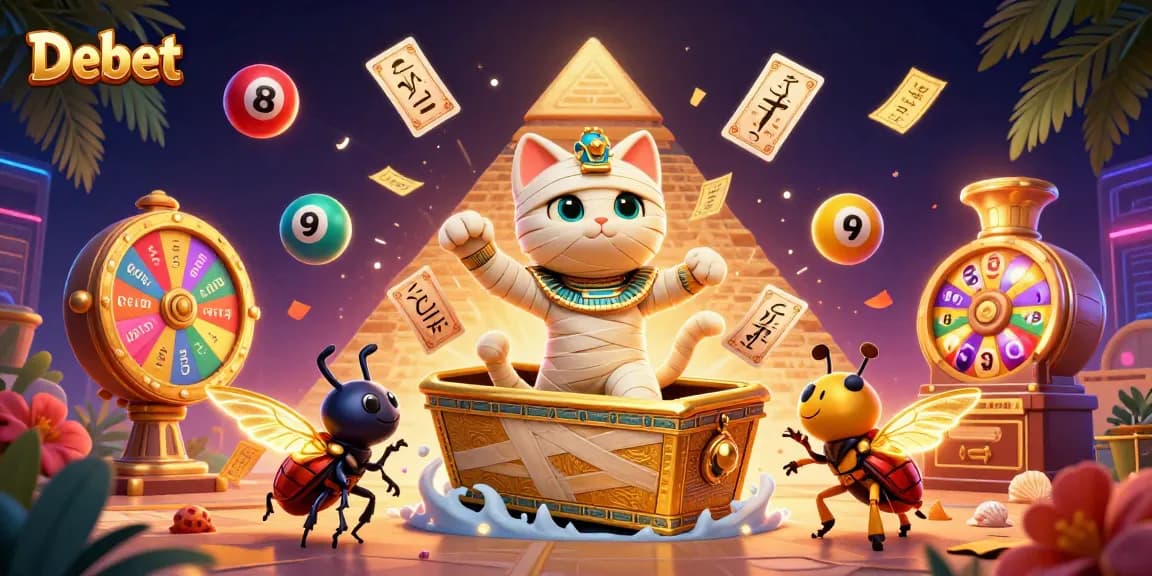 Join the excitement of Debet as the mummy cat bursts into a vibrant casino scene!