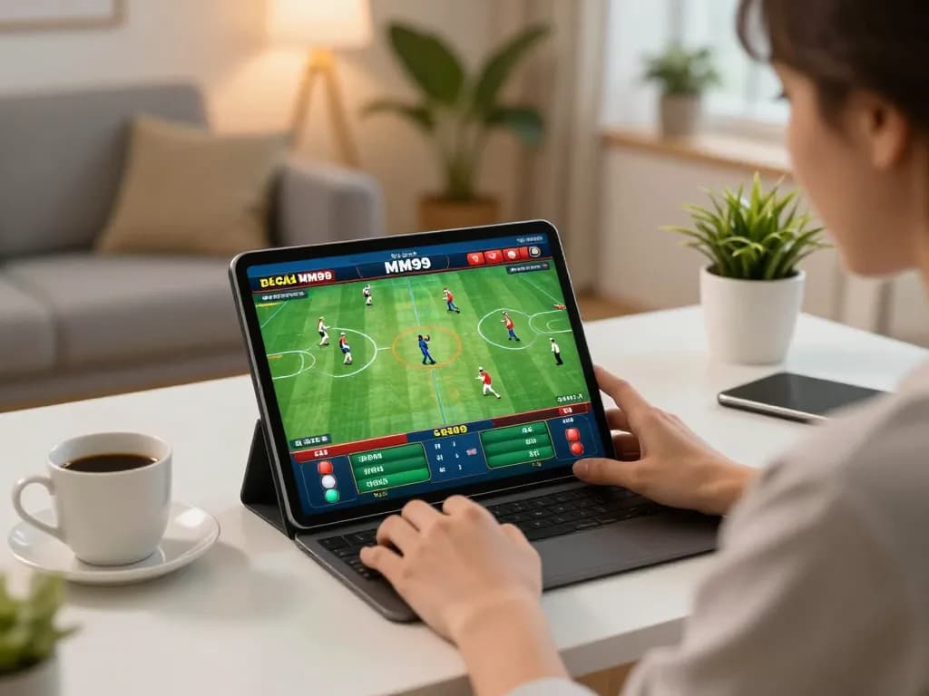 Engaging in Đá Gà MM99 betting on a tablet, showcasing vibrant live match action and home atmosphere.