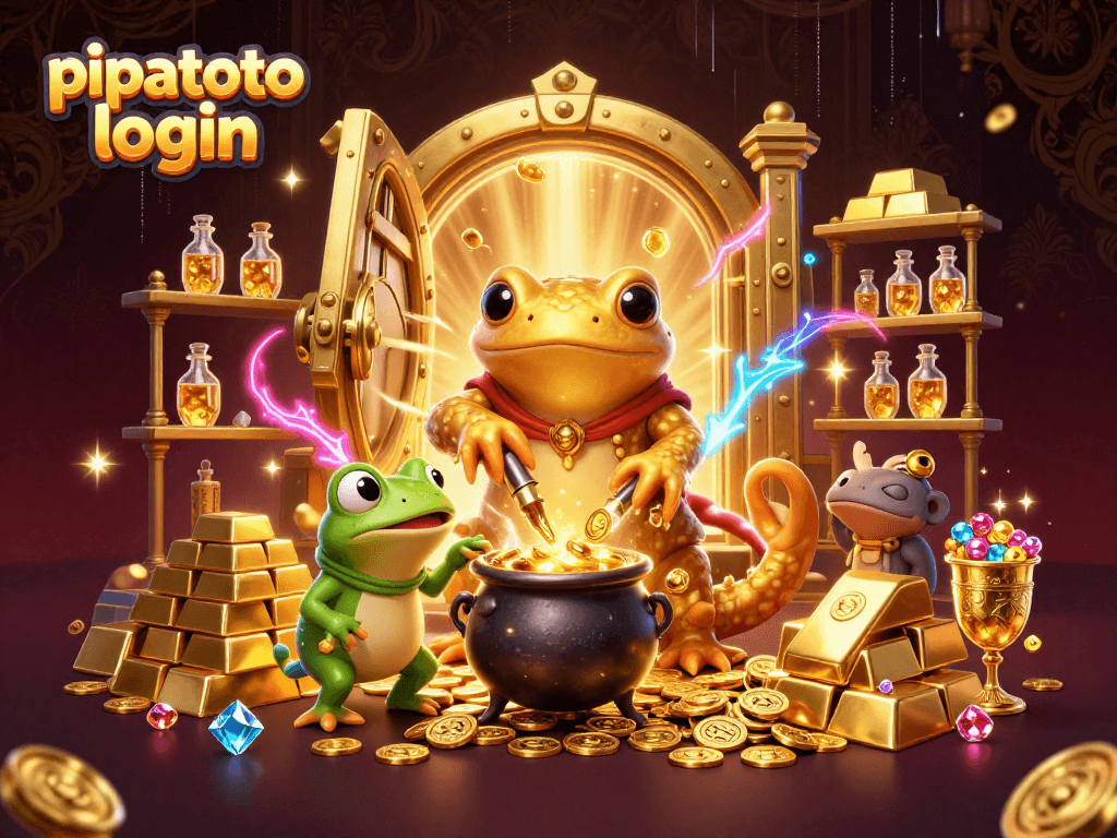 Pipatoto login to a world of winning with dynamic 3D casino illustration showcasing gold coins, treasures, and alchemy.