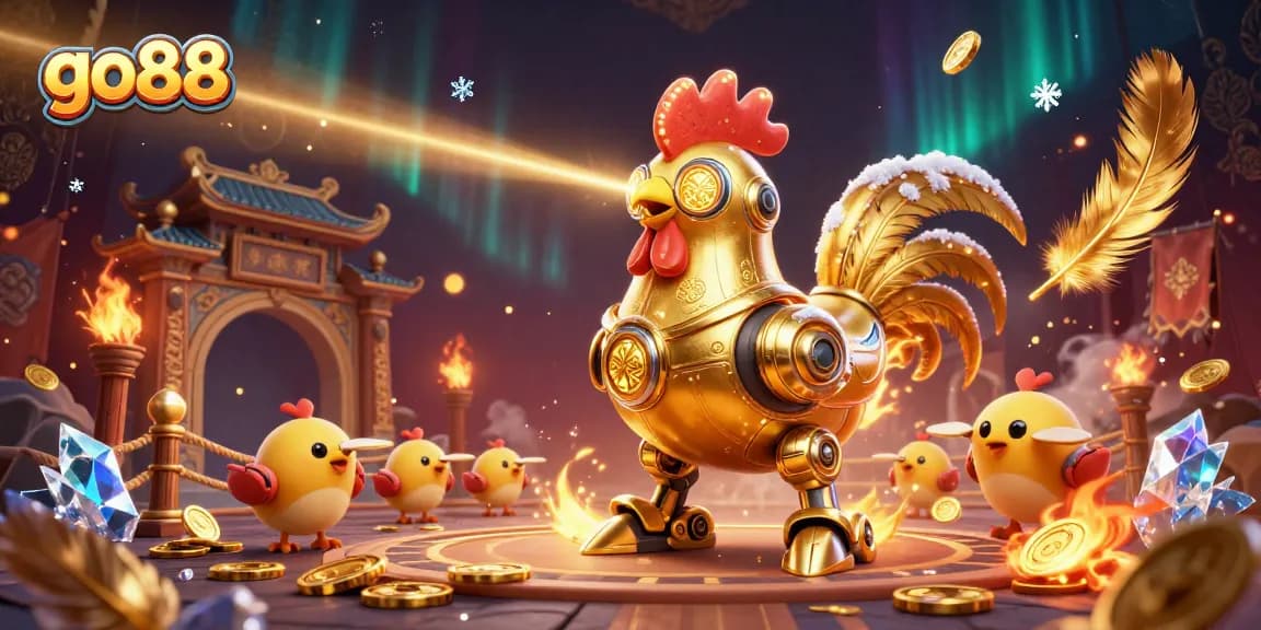 Experience action-packed go88 gaming with vibrant golden rooster robot and dynamic elements.