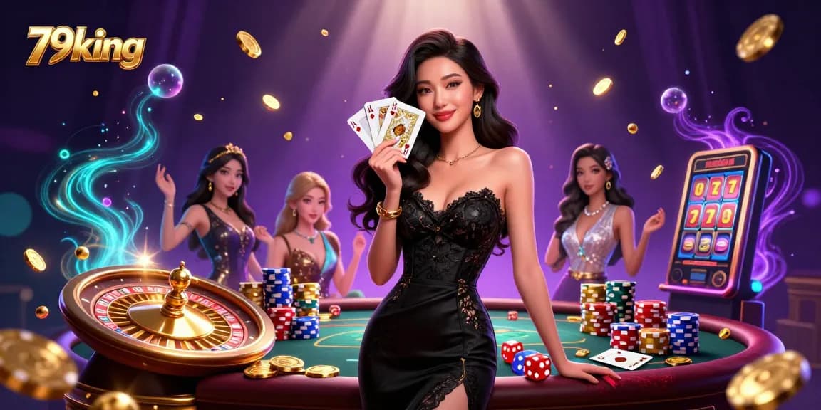 79king casino illustration featuring an elegant Asian woman holding playing cards amid cascading coins and poker chips.