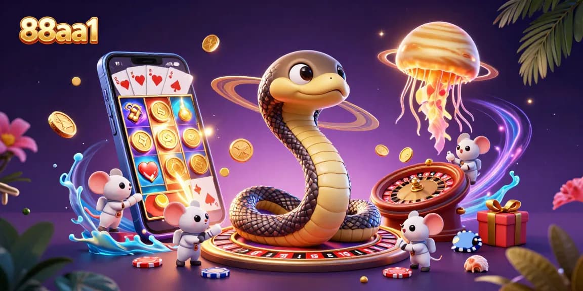 Experience 88aa1 with the cosmic dealer in a vibrant 3D casino scene filled with adventure.