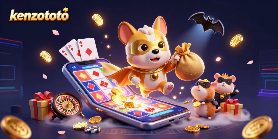Experience excitement with kenzototo, featuring superhero dog and hamster in a vibrant casino scene.