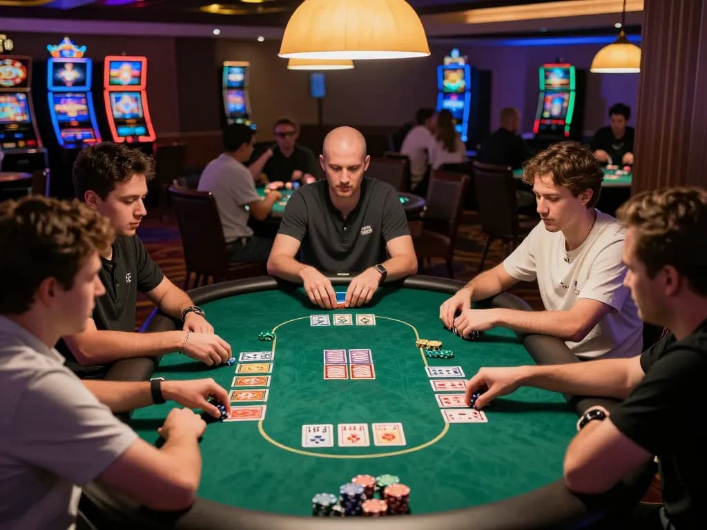 Lucky88 players strategizing during a lively poker game with vibrant chips and community cards