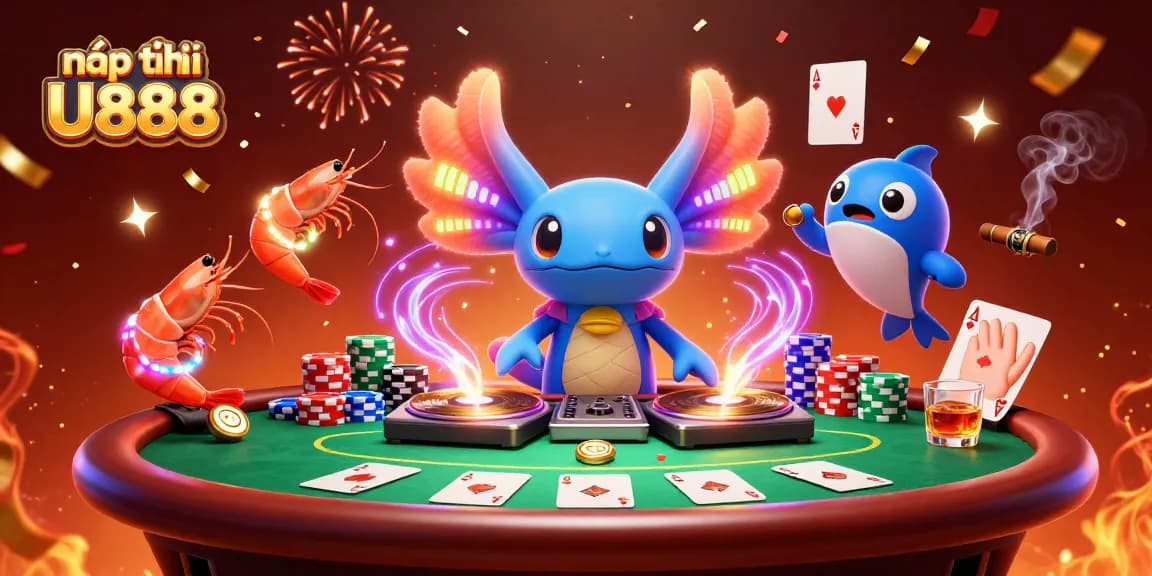 Engage with exciting gaming action and nạp tiền U888 at vibrant casino scene featuring axolotl DJ and poker elements.