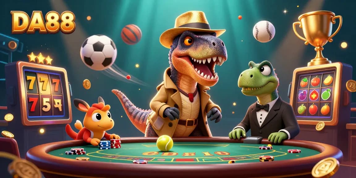 DA88 features a velociraptor at a blackjack table amidst dynamic sports elements in a vibrant casino scene.