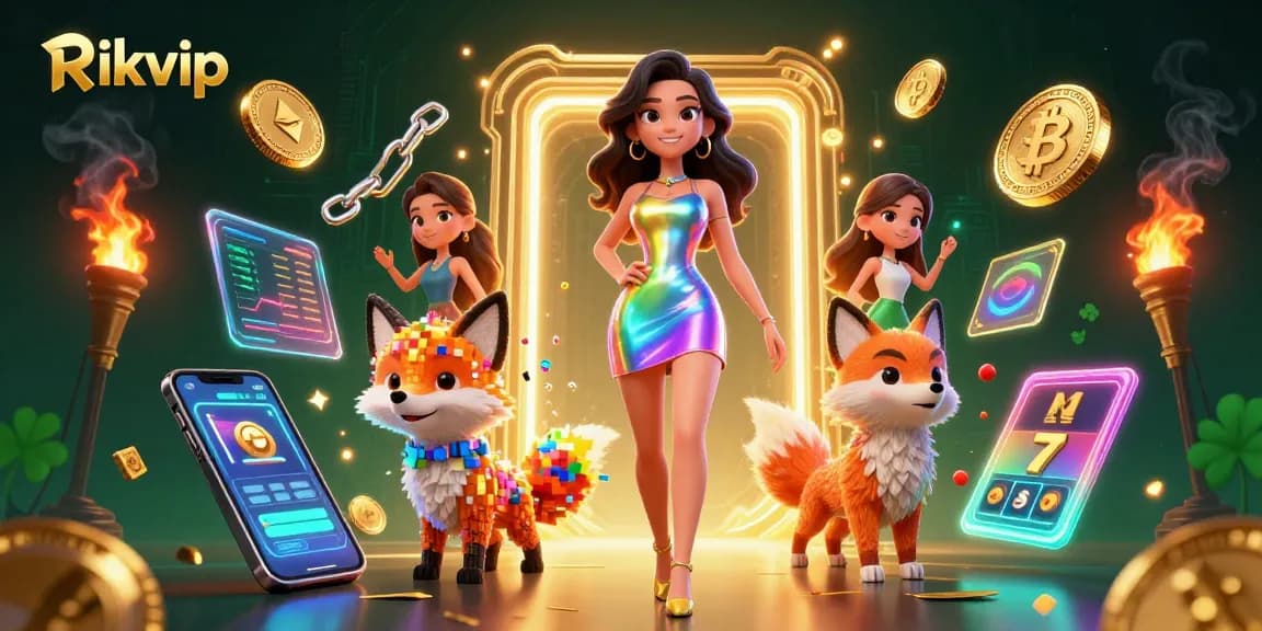 Experience the excitement of Rikvip with vibrant slot elements and crypto coins in an engaging 3D illustration.