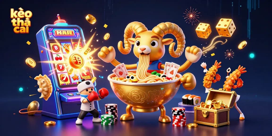 Engage with kèo nhà cái through a vibrant 3D illustration featuring a golden ramen bowl and dynamic casino elements