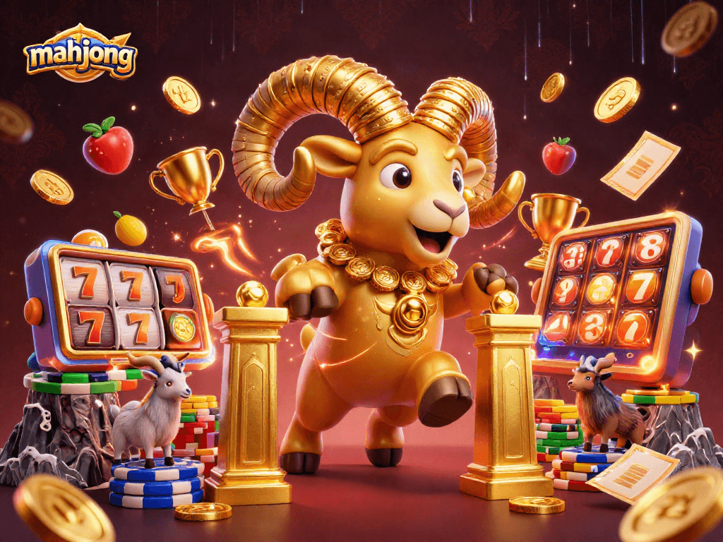 Experience mahjong excitement with a golden ram charging through a vibrant casino scene!