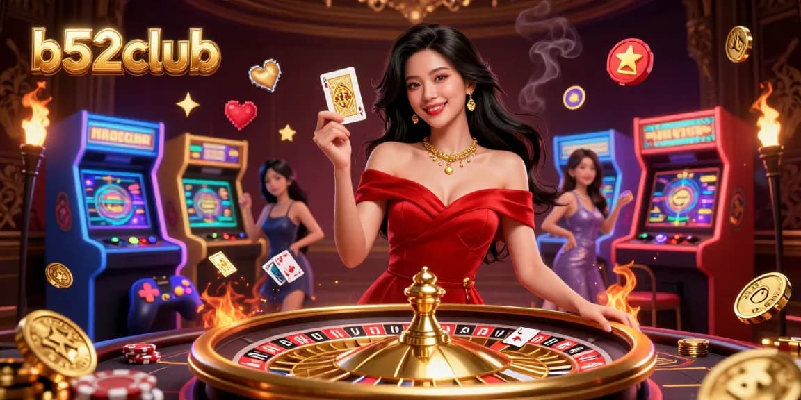 Experience thrilling wins at b52club with a striking young Asian woman celebrating by a roulette wheel.