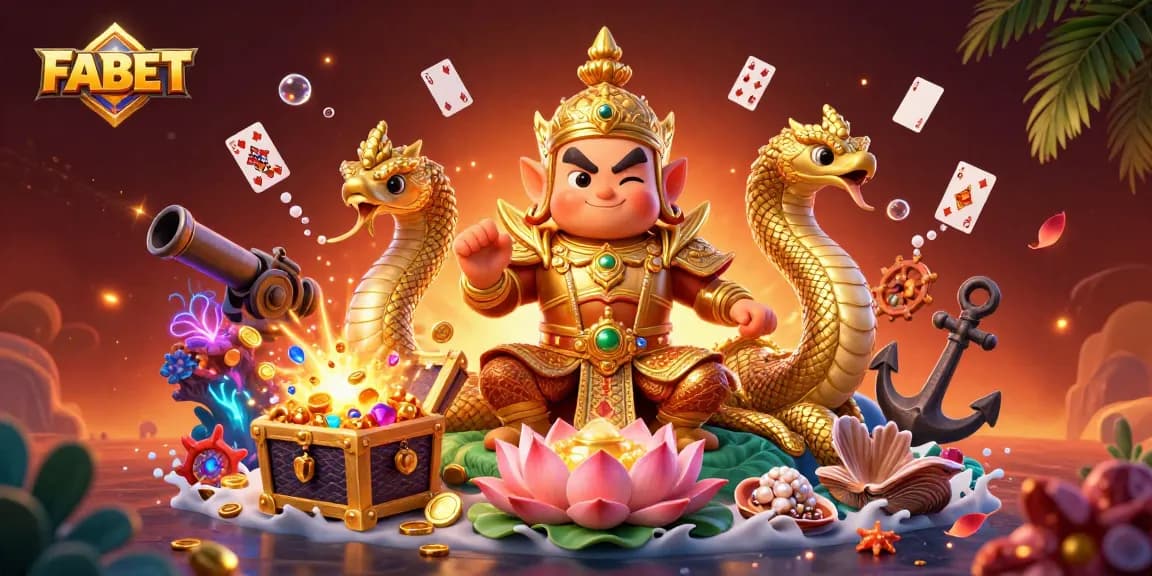Experience thrilling gameplay at FABET with dynamic casino-themed 3D illustration featuring unique characters and game elements.