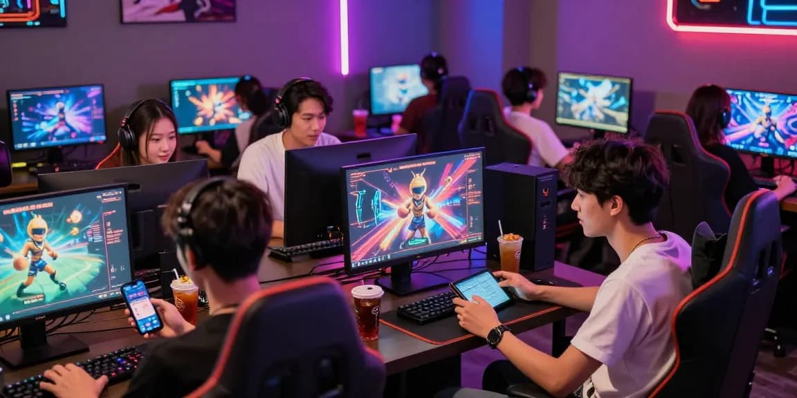 Engaged gamers enjoying online rewards at gamebaidoithuong.is in a vibrant lounge setting.