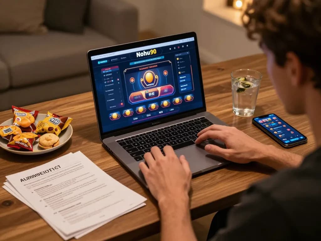 Nohu90 player engaged in online casino strategy session with laptop and notes.