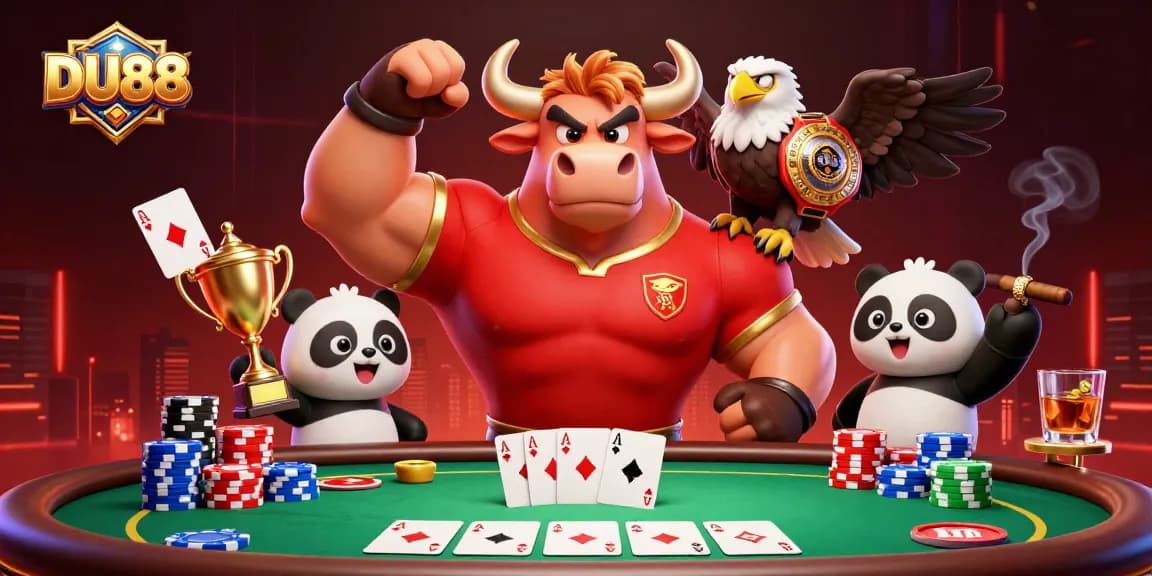 Win with DU88 at an exciting poker table surrounded by vibrant characters and casino elements.
