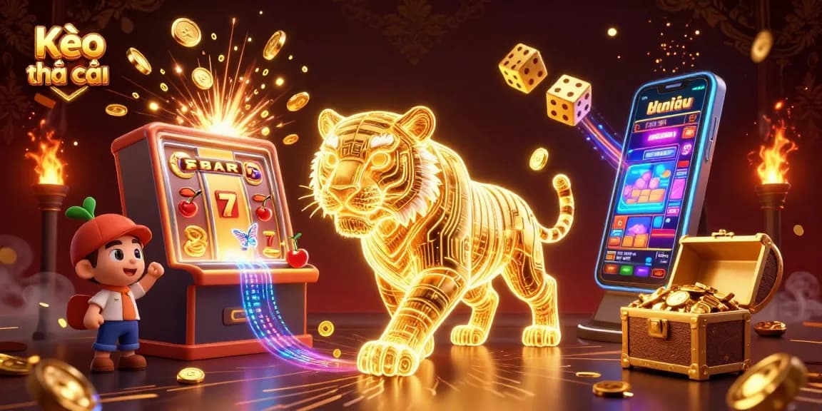 Kèo nhà cái showcases a vibrant casino scene with a golden tiger, jackpot slot, and dynamic game elements.