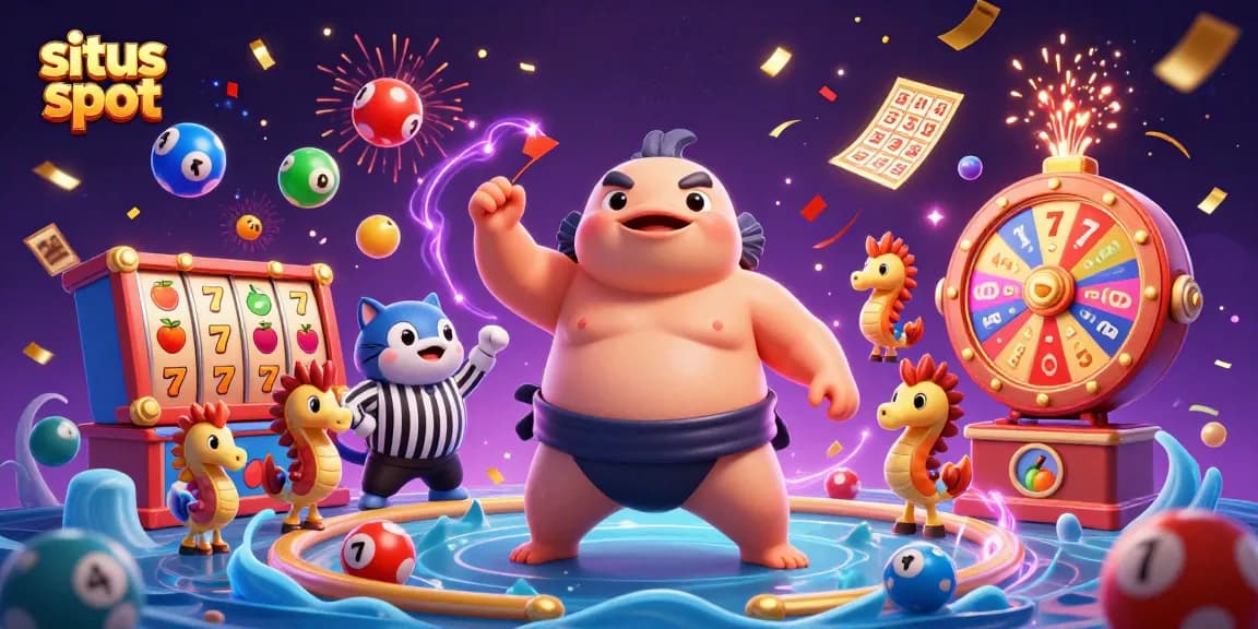 Menang besar di situs slot dengan putaran slot, simbol keberuntungan, dan suasana meriah.