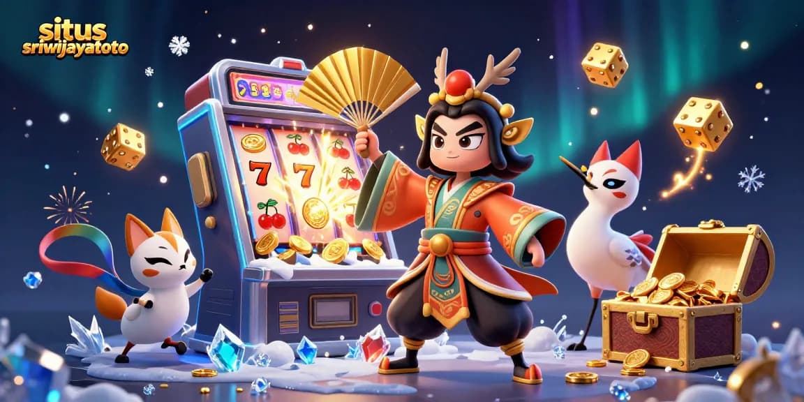 Engage with situs sriwijayatoto at this vibrant 3D casino scene showcasing a kabuki warrior with dynamic gaming elements.
