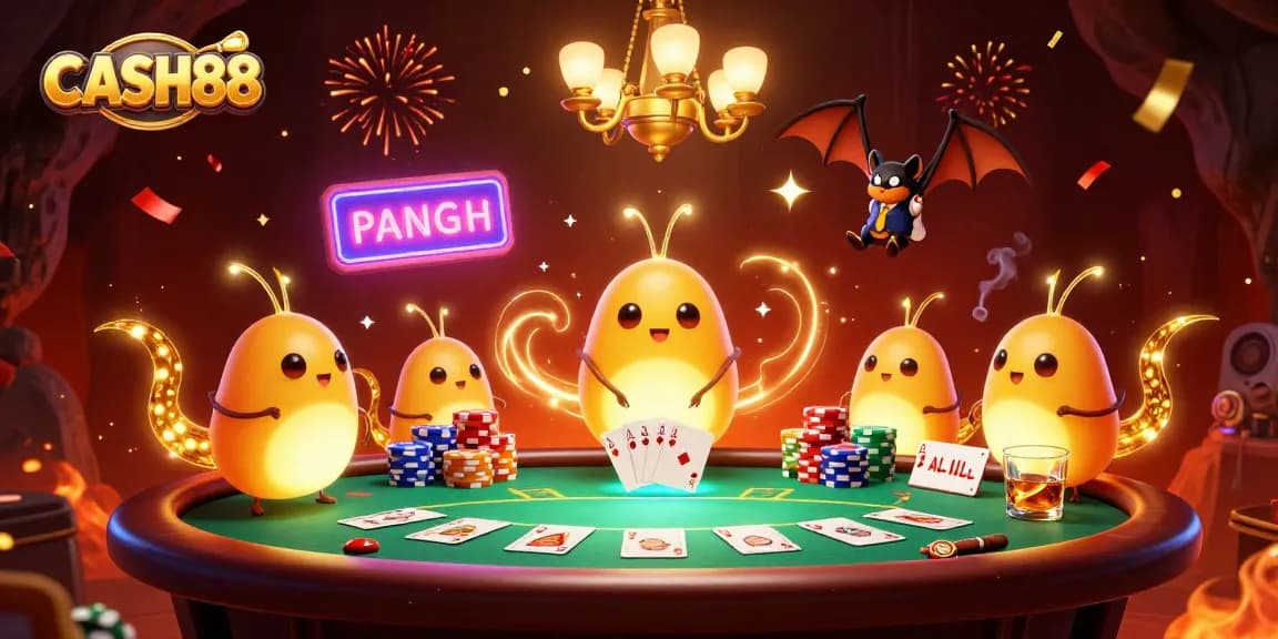 CASH88 illuminates a vibrant 3D casino scene with glowing glowworms and a bat dealer at the poker table.