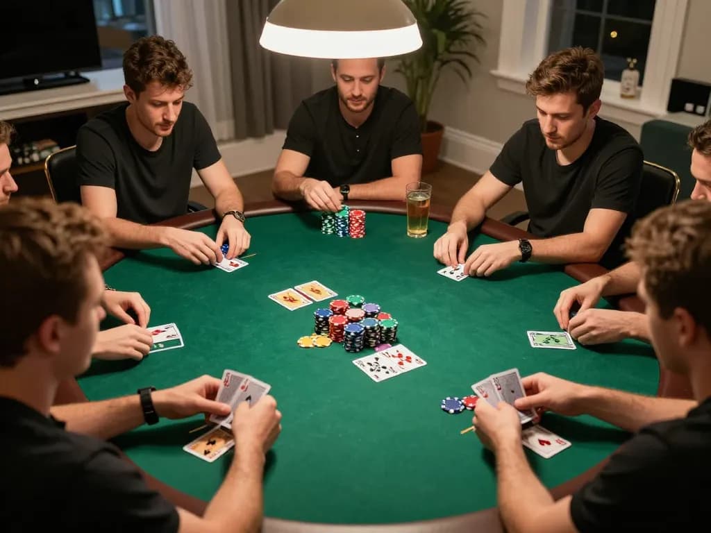 Friends playing a strategic poker game featuring FLY88MB branding, with vibrant chips and cards in action.
