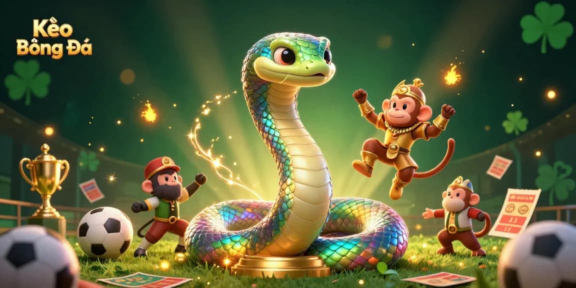 Kèo Bóng Đá scene featuring a vibrant rainbow serpent and monkey king in a dynamic sports betting environment.